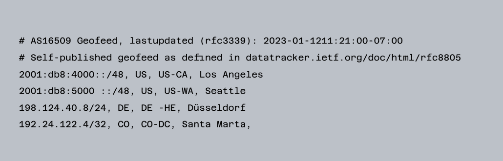 # AS16509 Geofeed, lastupdated (rfc3339): 2023-01-1211:21:00-07:00 # Self-published geofeed as defined in datatracker.ietf.org/doc/html/rfc8805 2001:db8:4000::/48, US, US-CA, Los Angeles 2001:db8:5000 ::/48, US, US-WA, Seattle 198.124.40.8/24, DE, DE -HE, Düsseldorf 192.24.122.4/32, CO, CO-DC, Santa Marta,