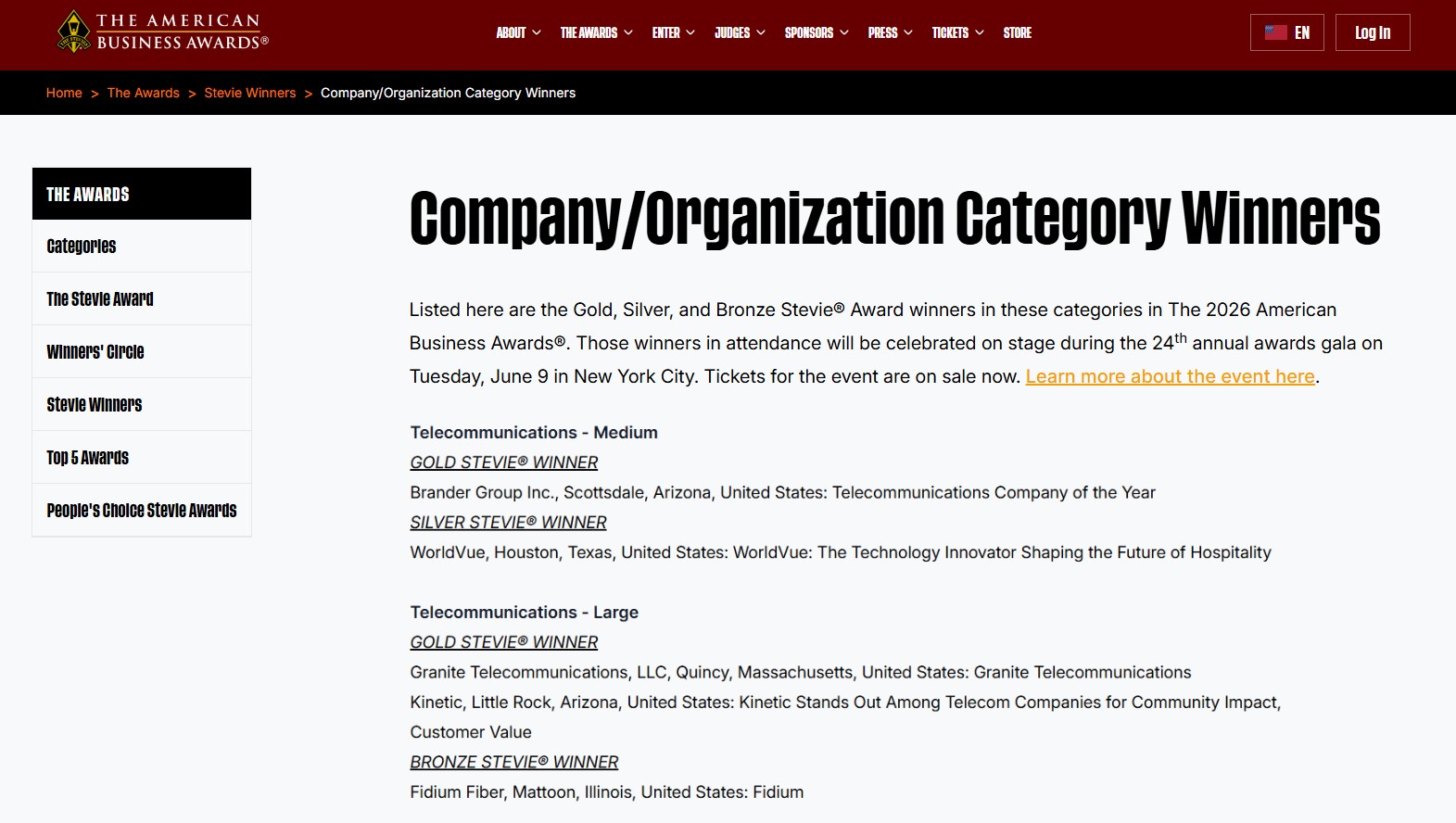 Brander Group American Business Awards Telecom Company of the Year