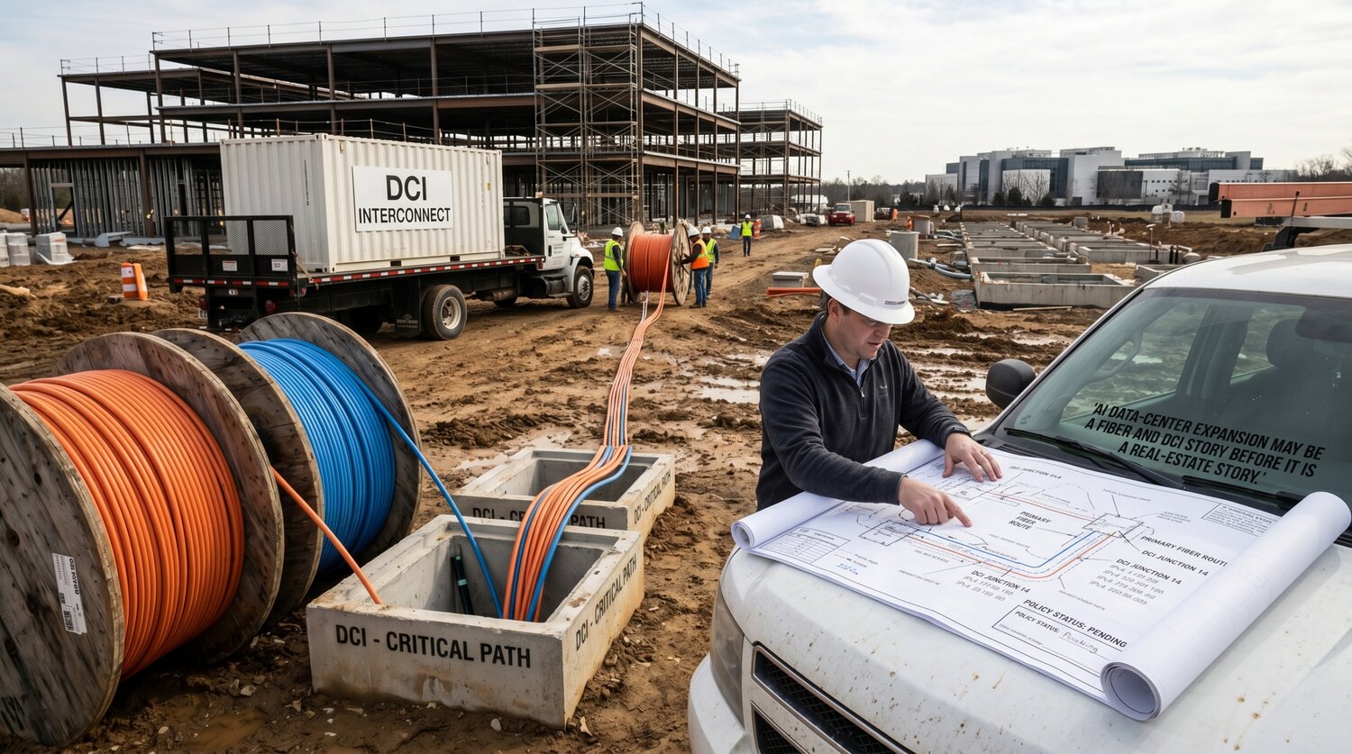 Editorial illustration for AI Data-Center Expansion May Be a Fiber and DCI Story Before It Is a Real-Estate Story