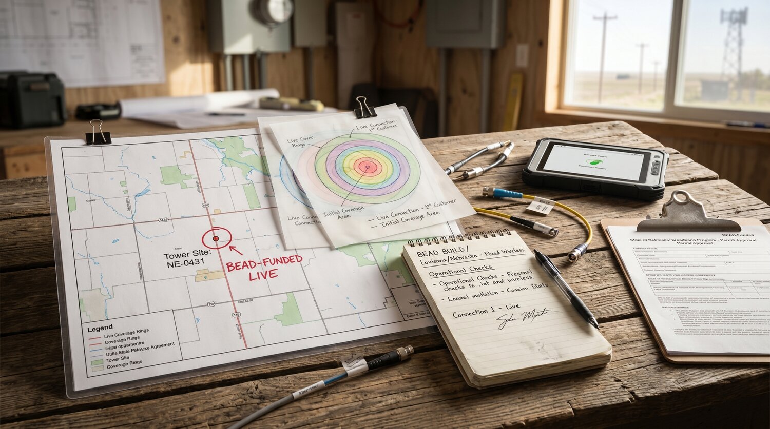 Editorial illustration for First BEAD-Funded Internet Connections Go Live on Fixed Wireless Towers in Louisiana and Nebraska