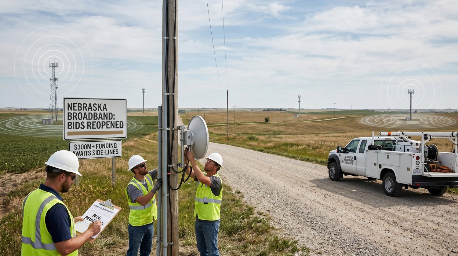 Editorial illustration for Nebraska Reopens Broadband Bids While $300M+ Waits on the Sidelines