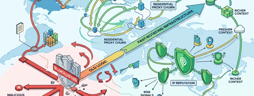 Editorial illustration for Residential Proxy Churn Is Breaking the Old Logic of IP Reputation
